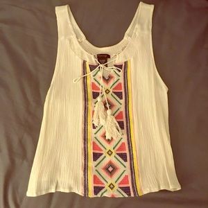 Textured boho tank with front tie tassels